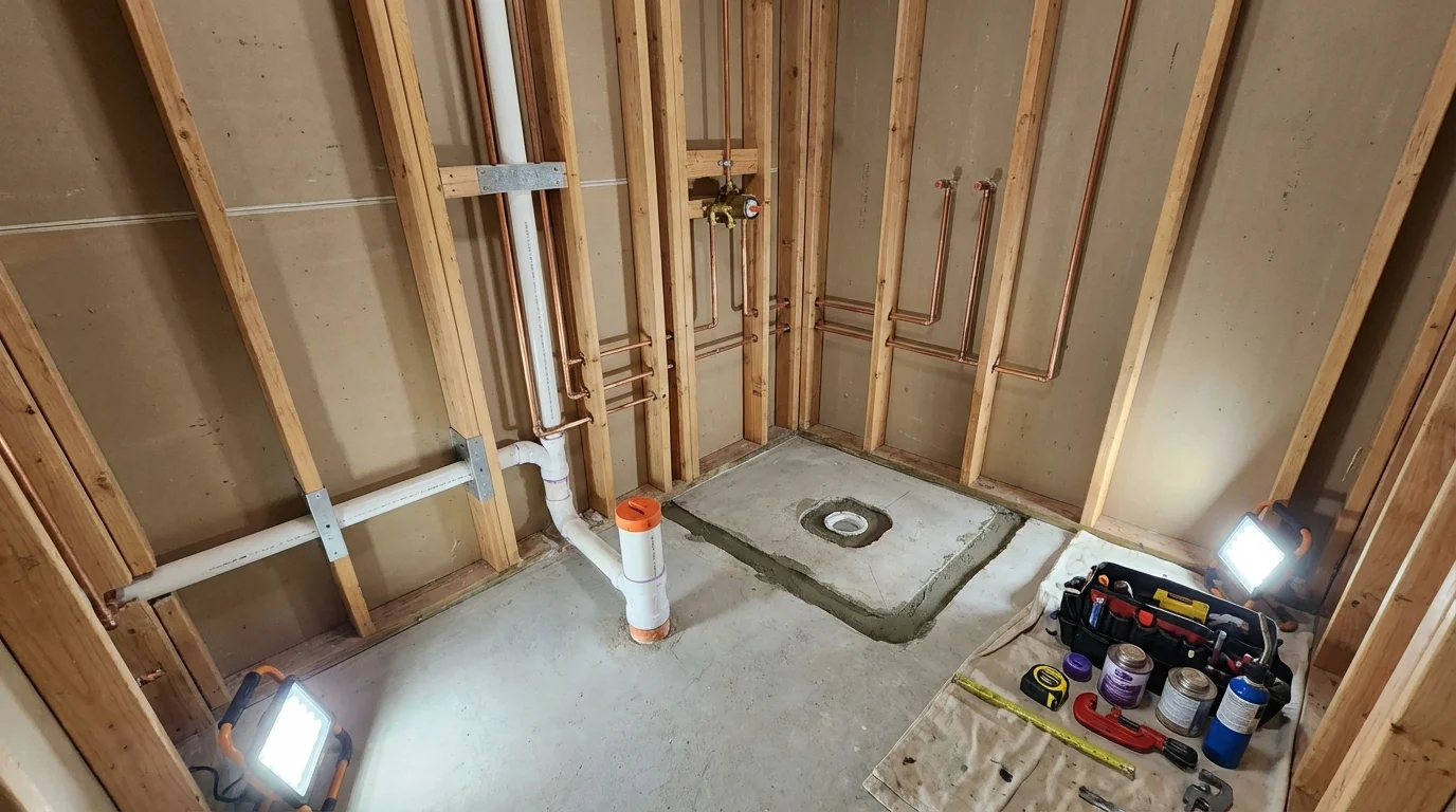 Bathroom rough-in plumbing during remodel by Johns Plumbing LLC in Moorhead