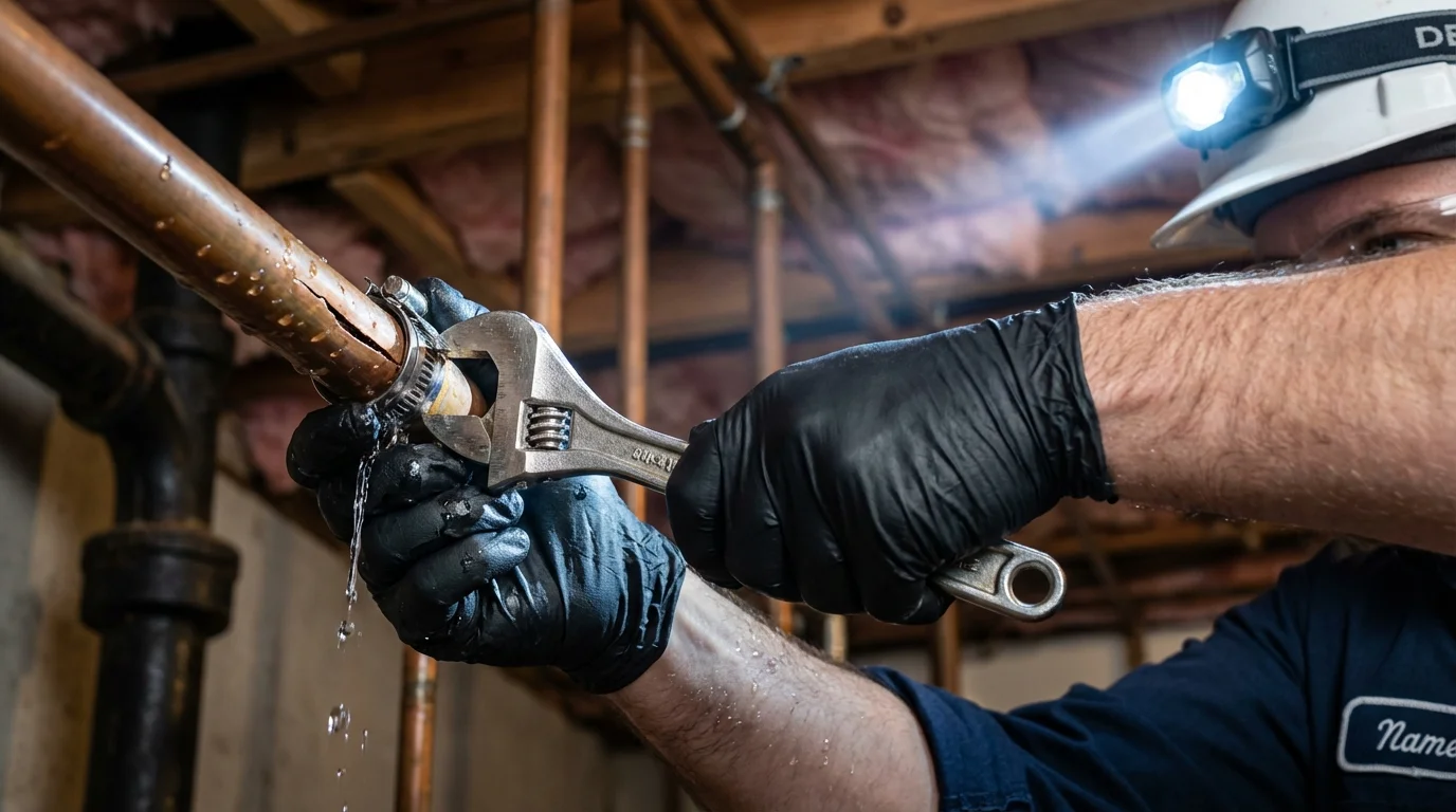 Emergency pipe clamp repair being performed by a Johns Plumbing LLC plumber in Moorhead