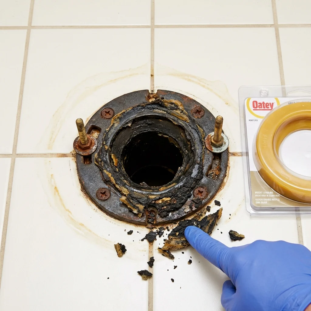 Failed wax ring showing water seepage at the base of a toilet in a Moorhead, MS home